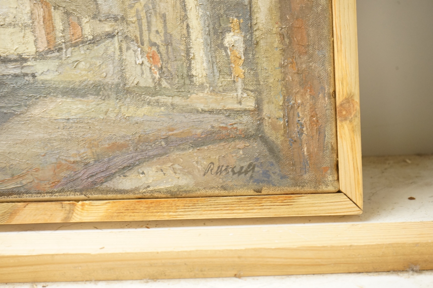 Robert Russell (1902-1982), Moody street scene, signed, impasto oil on canvas, 41 x 51cm